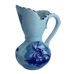 Vintage Dutch Delft Blue & White Ceramic Mini Pitcher Jug 4” CRACKLING MCM